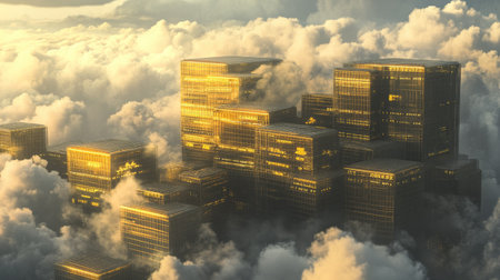 A breathtaking view of a golden cityscape rising above clouds at sunrise, showcasing modern buildings and an ethereal atmosphere. Perfect for themes of progress and innovation.の素材