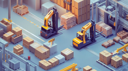 Aerial view of a modern industrial warehouse featuring forklifts maneuvering among stacked boxes and pallets, showcasing efficient storage and logistics operations.の素材