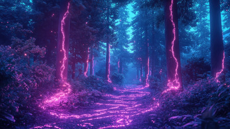 A breathtaking view of a forest pathway illuminated by vibrant neon lights creating a mystical and enchanting atmosphere, perfect for fantasy or sci-fi concepts.の素材