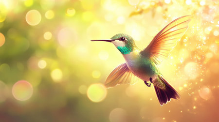 A stunning hummingbird captured mid-flight, showcasing its vibrant colors against a soft, luminous background. This image embodies the essence of nature's grace and beauty.の素材