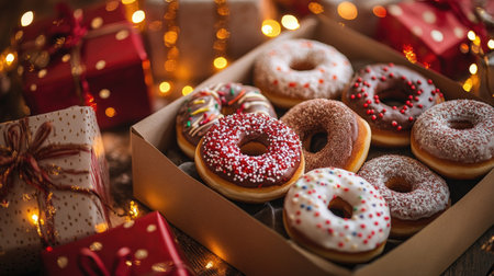 Assorted Christmas donuts in a festive box, surrounded by wrapped presents and twinkling lightsの素材
