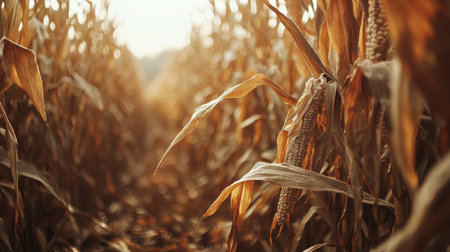 A serene golden cornfield at sunrise, showcasing the beauty of agriculture. The sunlight illuminates the stalks, creating a peaceful rural scene.の素材