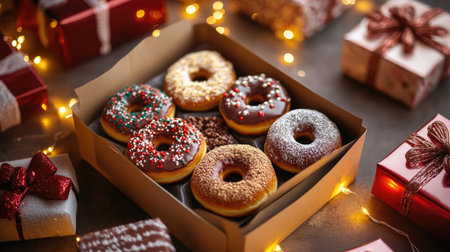 Assorted Christmas donuts in a festive box, surrounded by wrapped presents and twinkling lightsの素材