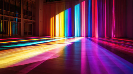 This image captures a stunning display of vibrant light patterns casting colorful shadows across a modern indoor space, creating a visually enchanting atmosphere.の素材