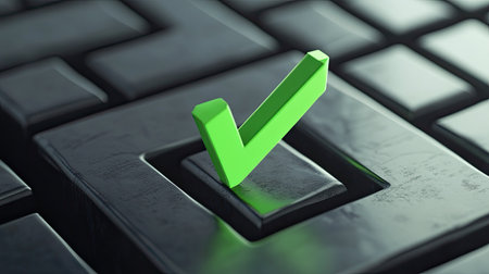 A vibrant green check mark rests on a textured gray button, symbolizing success and approval in a digital environment, perfect for illustrating completion and confirmation themes.の素材