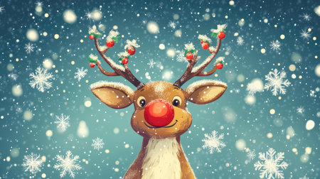 Cartoon Christmas reindeer with a bright red nose and festive antlers, surrounded by snowflakes and holiday decorの素材