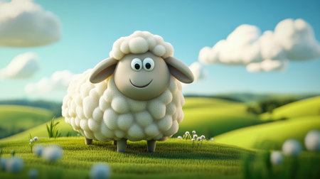 A cheerful cartoon sheep with a big smile stands in a vibrant green landscape, surrounded by fluffy clouds and rolling hills, embodying joy and innocence.の素材
