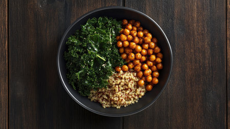 Balanced meal bowl with kale, roasted chickpeas, and quinoa placed on a dark wooden backdropの素材