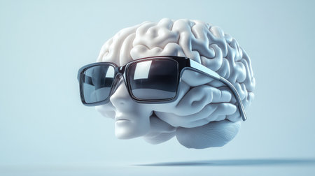 An imaginative 3D rendering of a brain wearing sunglasses, set against a soft blue backdrop, representing the fusion of intellect and contemporary fashion in visual creativity.の素材