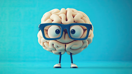 This playful cartoon brain character wearing glasses stands on a bright blue background, symbolizing creativity and intelligence in a fun and imaginative way.の素材