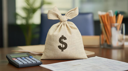 A cash bag with a dollar sign sits on a desk in a contemporary office, symbolizing finance and investment concepts. A calculator and paperwork add context to the scene.の素材