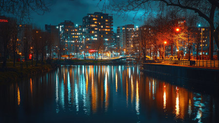 Captivating nighttime cityscape featuring illuminated buildings, serene water reflections, and vibrant urban life, creating an enchanting atmosphere ideal for city lovers and photographers.の素材
