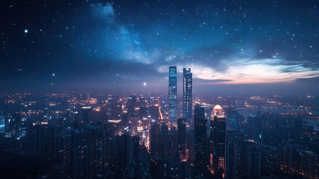 A breathtaking view of a modern city's skyline at night, featuring illuminated skyscrapers under a mesmerizing star-filled sky, capturing the essence of urban beauty and tranquility.の素材