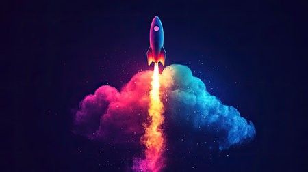 A stunning digital artwork of a rocket launching through a colorful cloud, symbolizing exploration and innovation in the vast cosmos, perfect for creative projects.の素材