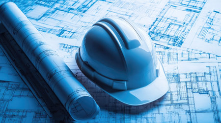 A hard hat rests on detailed blueprints, symbolizing safety in construction. The rolled plans represent meticulous project planning and architectural design.の素材