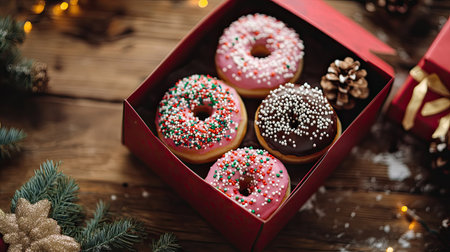 Festive box of colorful donuts with Christmas sprinkles and holiday-themed decorations on a wooden tableの素材