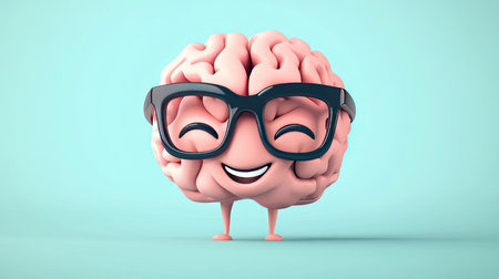 A whimsical cartoon brain with glasses and a joyful expression stands on a light blue background, perfect for educational materials or creative projects.の素材