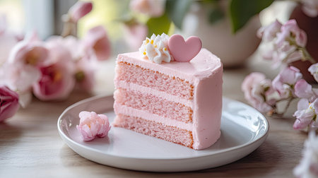 A charming slice of pink cake topped with heart decoration, surrounded by delicate flowers, evoking joy and sweetness perfect for celebrations.の素材