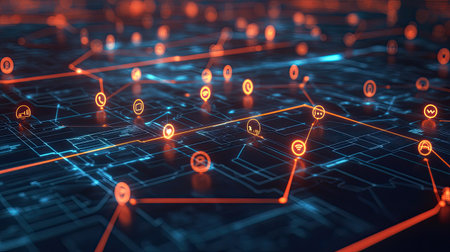 A vibrant digital network illustration showcasing glowing connections and icons that symbolize data flow and smart technology in a modern urban setting.の素材