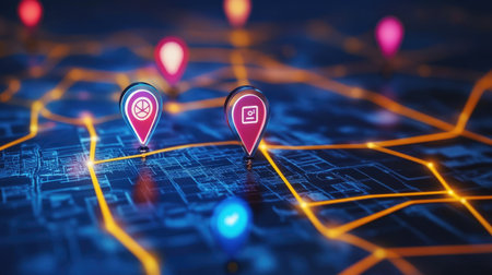 Discover a vibrant digital map featuring colorful location pins that highlight navigation and connectivity in a modern urban landscape, perfect for travel and exploration themes.の素材