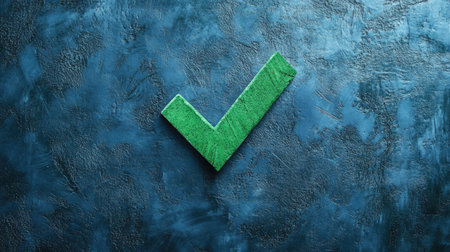 A vibrant green check mark stands out against a dark, textured background, representing approval and success in various contexts like business and personal achievement.の素材