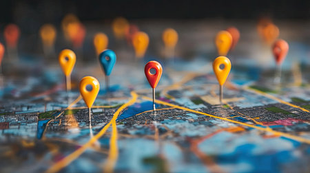This image features colorful map pins on an urban map, symbolizing navigation and travel planning. Ideal for representing location services and geographical exploration.の素材