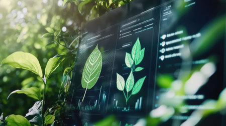 A vibrant display showcasing digital leaf analysis against a backdrop of lush greenery, highlighting the intersection of technology and nature for research and sustainability efforts.の素材