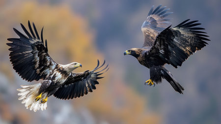 Two magnificent eagles engage in an aerial display, showcasing their powerful wings and sharp features, set against a blurred backdrop of rich autumn colors in nature.の素材