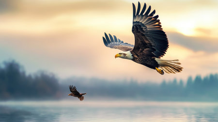 A stunning bald eagle takes flight over a serene lake, surrounded by mist and warm sunrise colors, embodying grace and beauty in the heart of nature's landscape.の素材