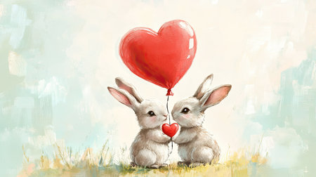 Adorable illustration of two rabbits holding a red heart balloon, representing love and affection in a whimsical pastel setting, perfect for romantic themes.の素材