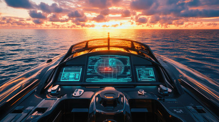 Futuristic digital yacht with AI-powered dashboard in the ocean at sunset, technology themeの素材