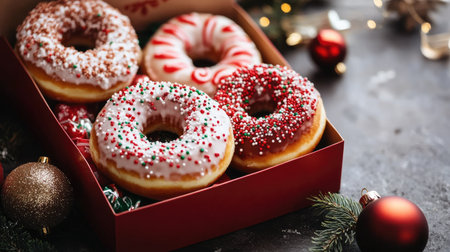 A tempting assortment of festive donuts in a red box, adorned with sprinkles and seasonal colors, perfect for holiday gatherings and sweet moments.の素材