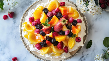 A beautifully arranged pavlova dessert featuring vibrant fruits such as raspberries, strawberries, and peaches, ideal for summer festivities and celebrations.の素材