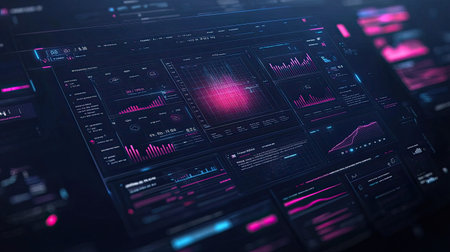 Futuristic dashboard showing e-commerce analytics and data visualization against a glowing digital gridの素材