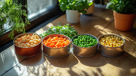 Colorful assortment of freshly prepared vegetables in tins arranged on a sunlit wooden table next to herbs and plants, perfect for showcasing healthy meal preparations and vibrant cooking ideas.の素材