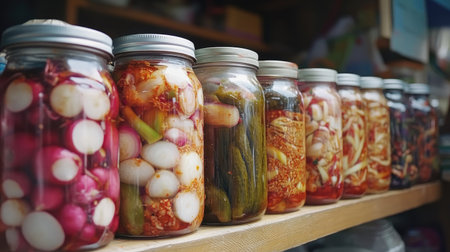 A stunning display of vibrant pickled vegetables in glass jars, arranged neatly on a wooden shelf, highlighting the beauty and diversity of preserved culinary delights.の素材
