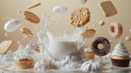 A captivating arrangement of assorted sweets featuring milk splashing around cookies, cupcakes, and whipped cream, creating a vibrant scene perfect for dessert lovers.の素材
