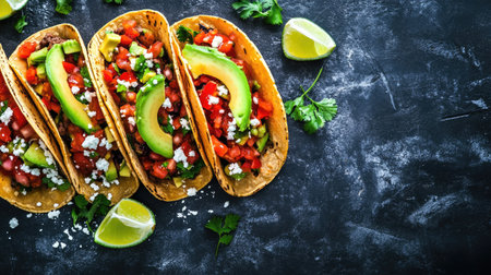 Experience the joy of indulgent tacos loaded with fresh vegetables and rich flavors, perfect for any gathering or a satisfying meal at home.の素材