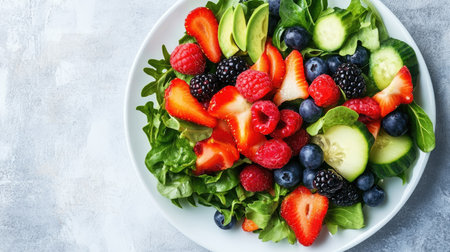 A beautiful salad featuring a mix of fresh fruits and leafy vegetables, creating a healthy and colorful dish ideal for nutritious meals or special occasions.の素材