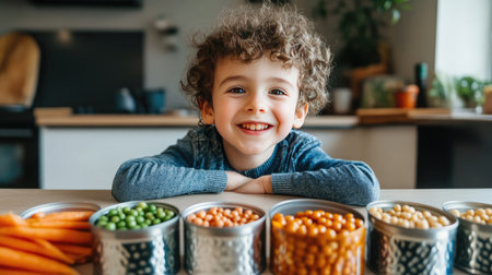 A cheerful child with curly hair smiles at the camera while surrounded by vibrant healthy foods, promoting the joy of nutritious eating and family meal preparation.の素材