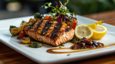 Enjoy a delicious grilled salmon fillet beautifully plated with colorful fresh vegetables and zesty lemon slices, garnished with herbs and a flavorful sauce, ideal for food lovers.の素材