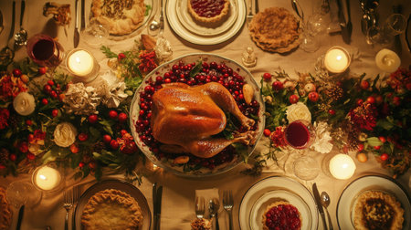 A beautifully arranged Thanksgiving table featuring a golden roast turkey, surrounded by seasonal decorations, scrumptious desserts, and a warm, inviting atmosphere for family and friends.の素材
