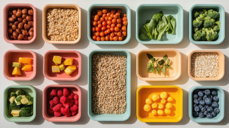 A bright and colorful overhead view of fresh ingredients in bowls, featuring fruits, vegetables, nuts, and grains, ideal for promoting a healthy lifestyle and nutritious meal options.の素材