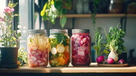 Colorful jars of freshly picked vegetables in a modern kitchen setting display the beauty of healthy eating and organic living under bright sunlight.の素材