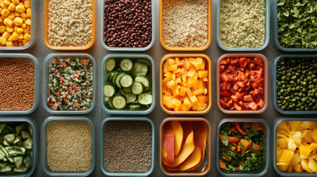 This image showcases a vibrant collection of fresh vegetables, grains, and legumes arranged in containers, ideal for healthy meal preparation and inspiring culinary creativity.の素材