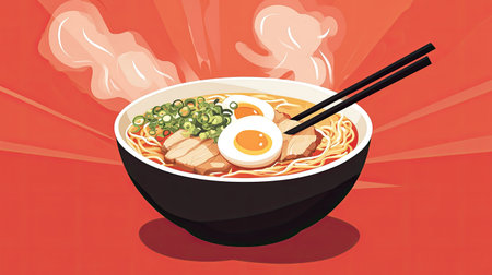 A vibrant illustration of a steaming bowl of ramen with slices of pork, soft-boiled eggs, and green onions, perfect for food lovers and enthusiasts.の素材