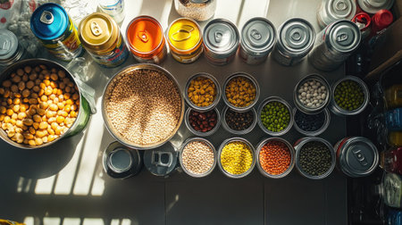 An overhead view showcasing an array of dried legumes and grains arranged in clear containers, illuminated by sunlight, ideal for promoting healthy eating and cooking practices.の素材