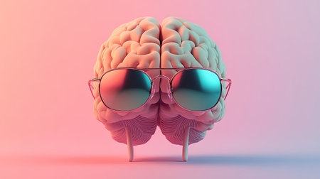 A visually striking 3D illustration of a human brain adorned with sunglasses against a soft gradient background. This creative artwork embodies themes of intelligence and modern lifestyle.の素材