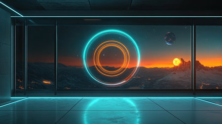 A stunning futuristic interior showcases glowing circles against a cosmic backdrop, featuring vibrant colors and surreal landscapes for a captivating experience.の素材