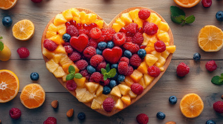 A stunning heart-shaped arrangement of vibrant fruits including raspberries, blueberries, oranges, and pineapple. Perfect for healthy desserts or celebrations.の素材